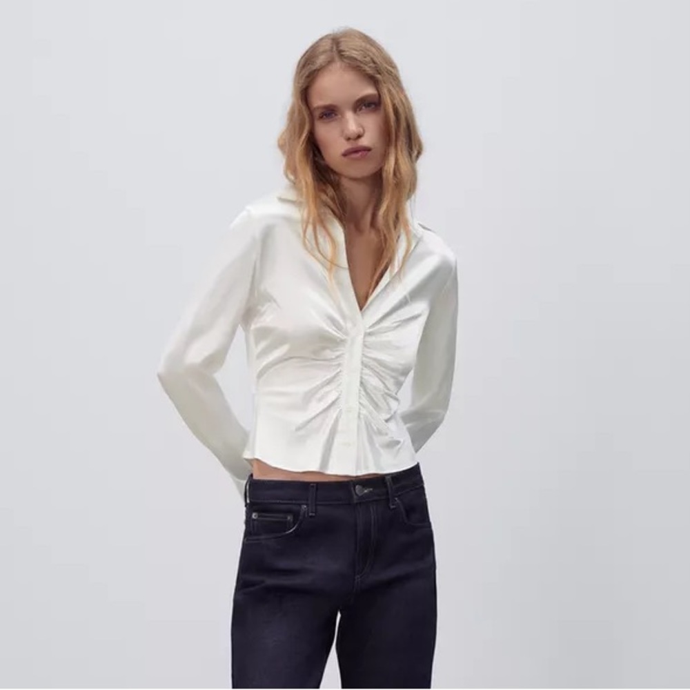 NWT Zara Ruched Satin Effect Shirt in Ecru White Ref. 4437/329